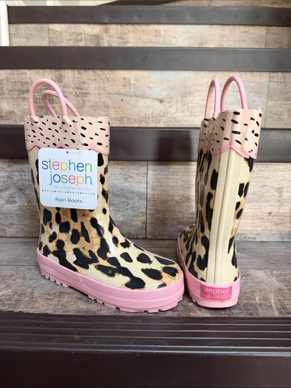 NWT Stephen Joseph Kids' SIZE 11 Leopard Rain Boots in Pink Trim